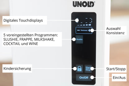 Nahaufnahme der Unold Slush-Eismaschine Susi mit digitalem Touch-Display und deutsch beschrifteten Funktionen: Konsistenzauswahl, Programmoptionen, Kindersicherung, Start/Stopp und Ein-/Ausschalten für voreingestellte Getränkeprogramme.