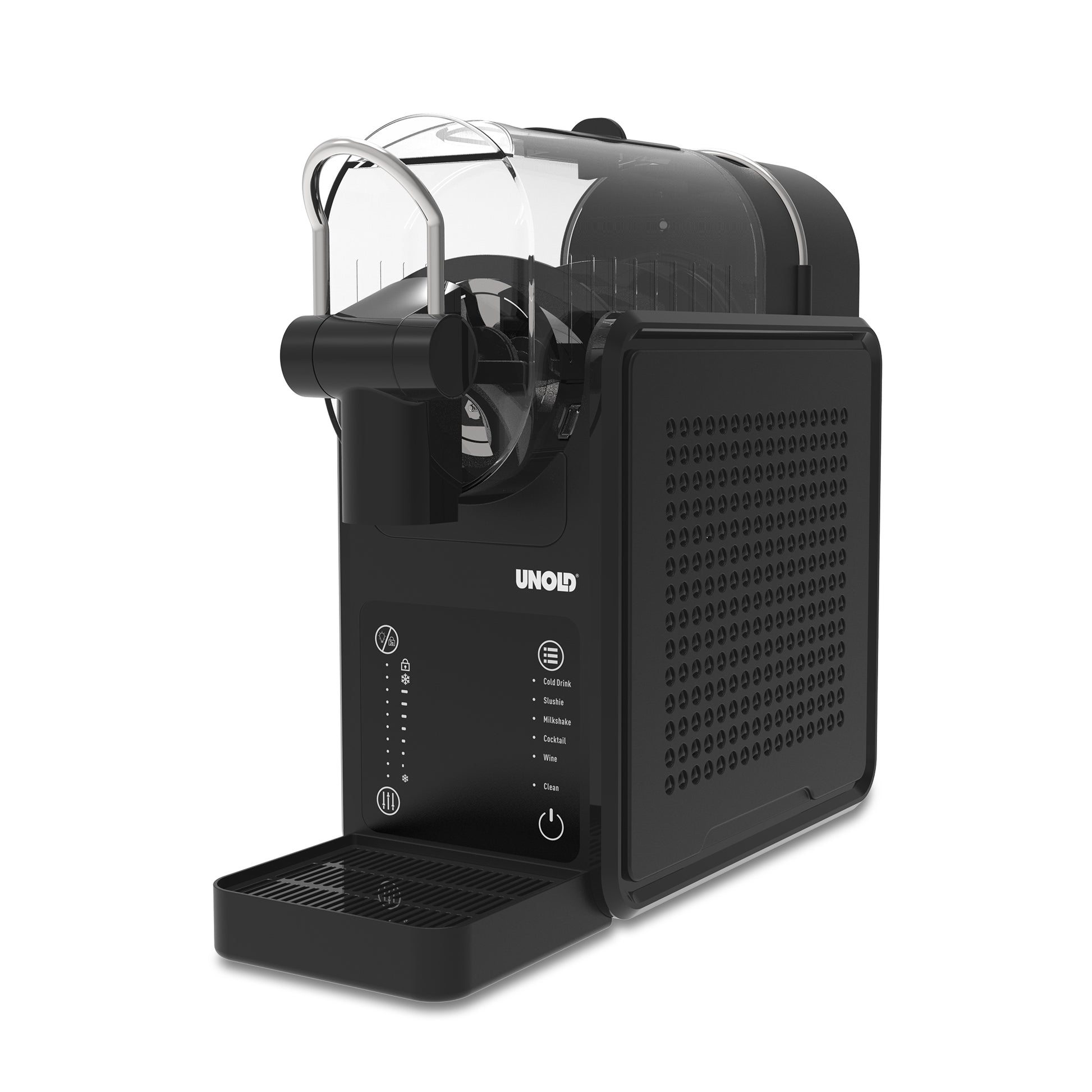 Eine moderne, kompakte schwarze Unold AG Slush-Eismaschine Stella mit einem Wasserreservoir auf der Rückseite, Bedienknöpfen und Anzeigen auf der Vorderseite sowie einer Tropfschale am Boden.