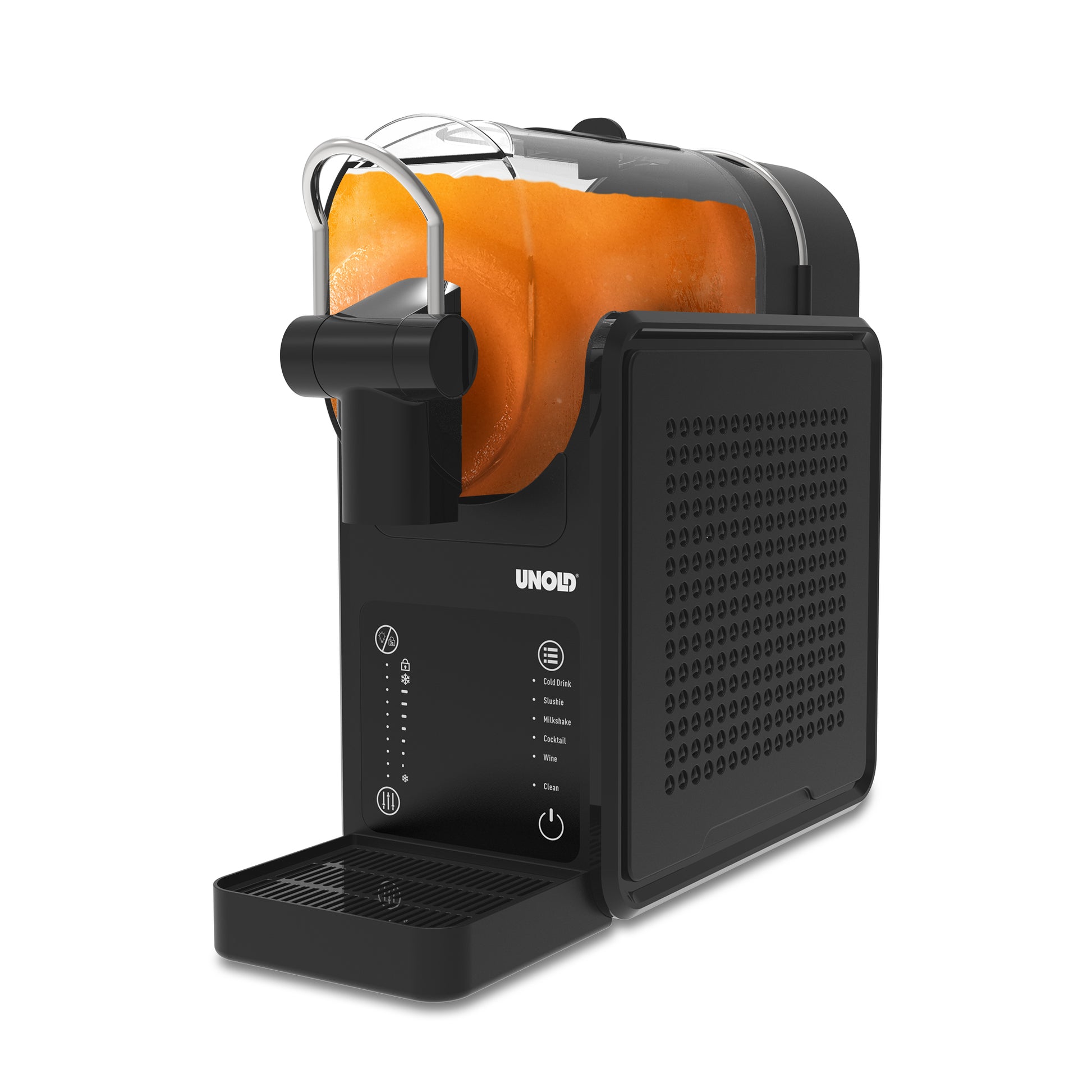 Die Unold AG Slush-Eismaschine Stella ist eine schwarz-transparente Thekenmaschine mit orangefarbenem Slush im Innern, einem Frontauslauf für die Ausgabe, Bedientasten auf dem Panel und dem sichtbaren Markennamen der Unold AG auf der Vorderseite.