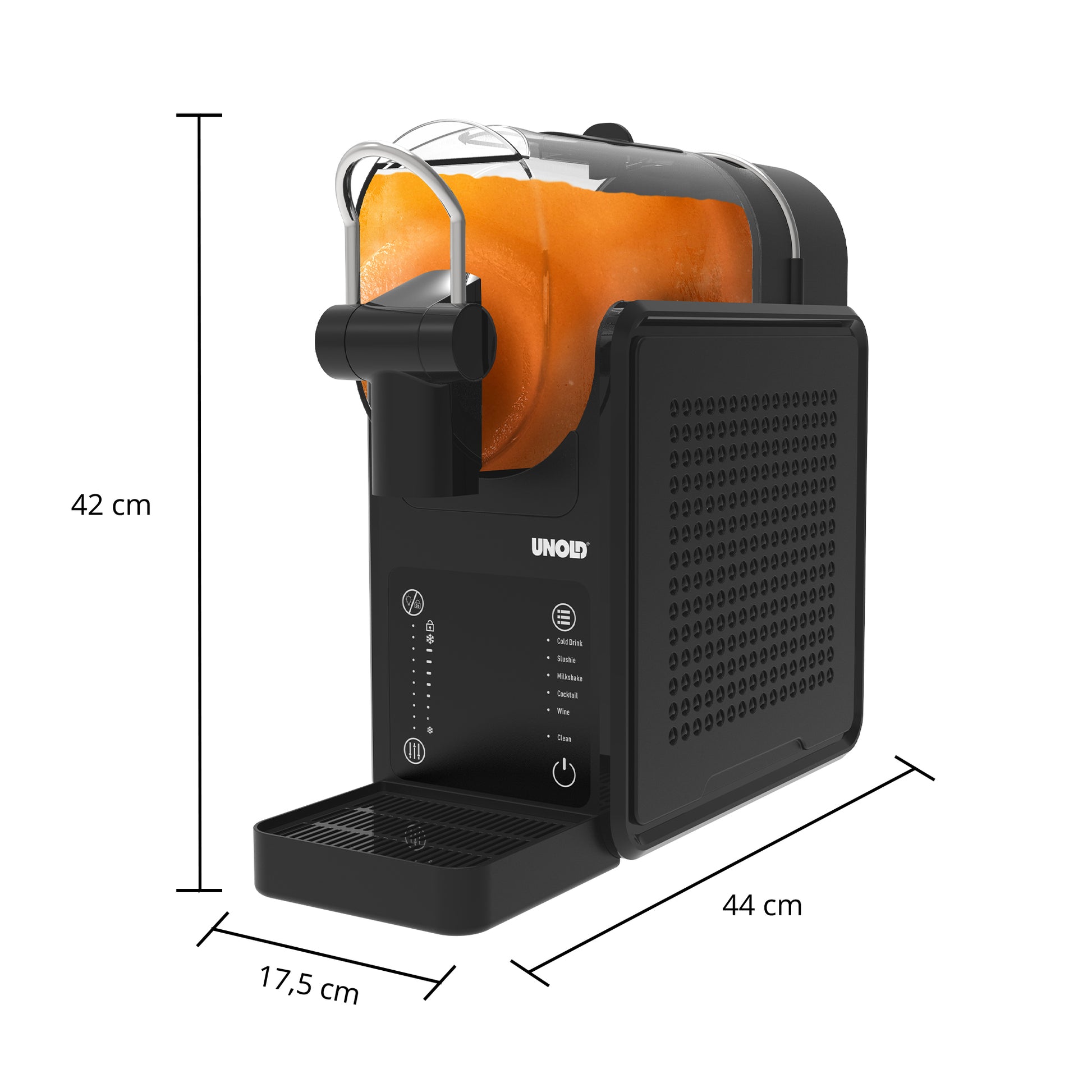 Die Slush-Eismaschine Stella von Unold AG ist eine schwarz-transparente Küchenmaschine mit orangefarbenem Inhalt, Bedienknöpfen und einer Tropfschale auf der Vorderseite. Sie ist 42 cm hoch, 44 cm tief und 17,5 cm breit.