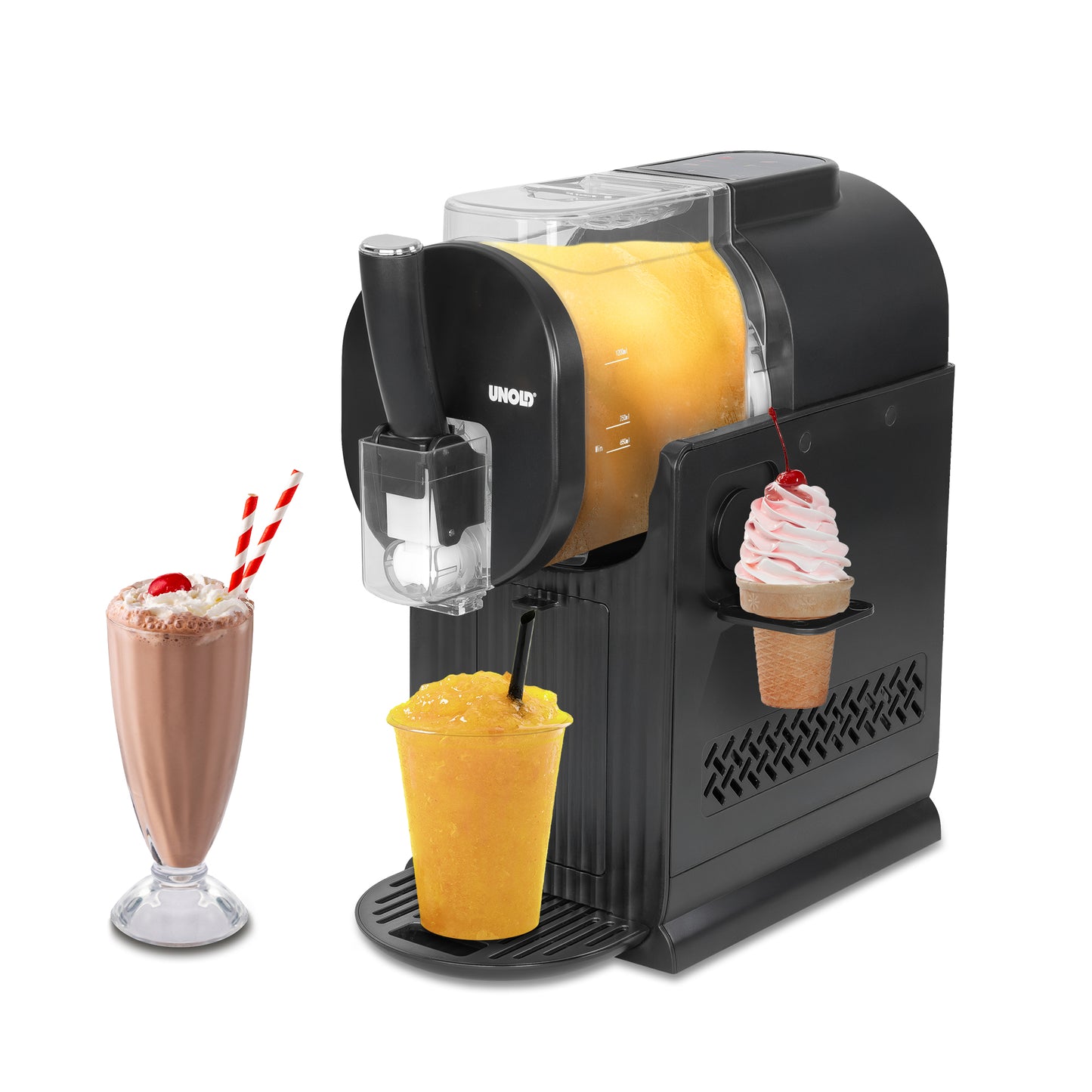 Die Unold Slusheismaschine Sofia in Schwarz schenkt ein gelbes Eisgetränk in einen Becher aus. Daneben stehen ein Schokoladenmilchshake mit Strohhalmen und einer Kirsche sowie eine Eistüte mit Schlagsahne und Sirup.