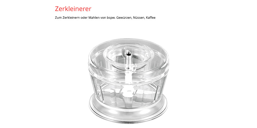 Der Unold ESGE-Zauberstab Bundle E 120 Select Creme ist ein transparenter Handzerkleinerer mit rundem Deckel zum Zerkleinern von Gewürzen, Nüssen und Kaffee. Er ist auf einem weißen Hintergrund mit deutschem Text darüber abgebildet.