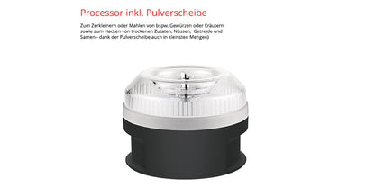 Der Unold ESGE-Zauberstab® M 200 BBQ Küchenmaschinenaufsatz in Schwarz und Transparent verfügt über eine Puderscheibe und eignet sich ideal zum Mahlen kleiner Mengen Gewürze, Kräuter, Nüsse, Getreide und Samen. Abbildung auf weißem Hintergrund mit deutschem Text.