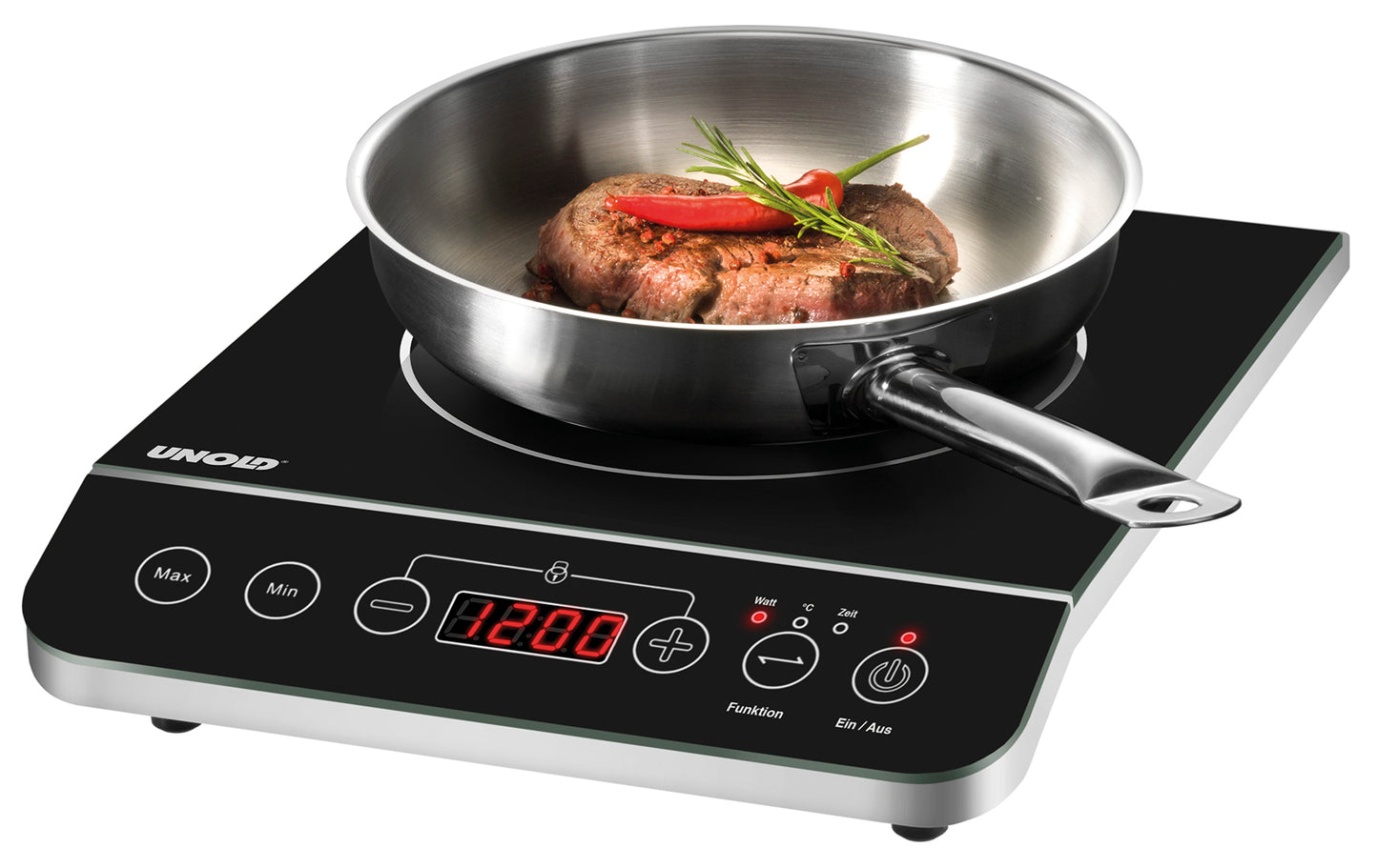 Auf der Unold AG Einzel-Induktionskochplatte - Schwarz/Edelstahl 581051 (B-Ware) steht eine Edelstahlpfanne mit Steak, Tomatenscheiben und Rosmarin, deren Digitalanzeige "1200" anzeigt.