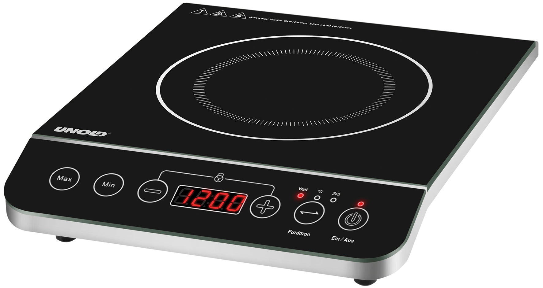 Die Unold Einzel-Induktionskochplatte 581051 von Unold AG ist ein schwarzes und rostfreies Induktionskochfeld mit kreisförmiger Kochzone, digitalem Display (zeigt 1200) und Touch-Bedienung für Leistung, Timer und Temperatur.