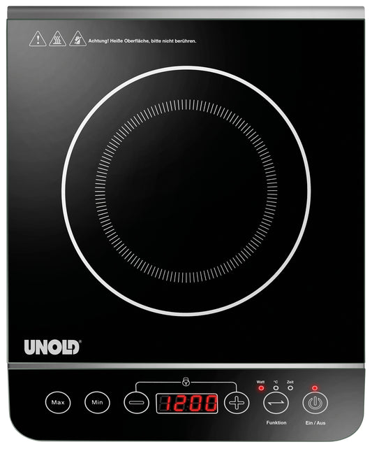 Die Unold AG Einzel-Induktionskochplatte - Schwarz/Edelstahl 581051 (B-Ware) verfügt über eine glatte, schwarze Oberfläche, eine Digitalanzeige mit 1200 Punkten, Touch-Bedienelemente, Warnsymbole und eine kreisförmige, weiß umrandete Heizfläche.