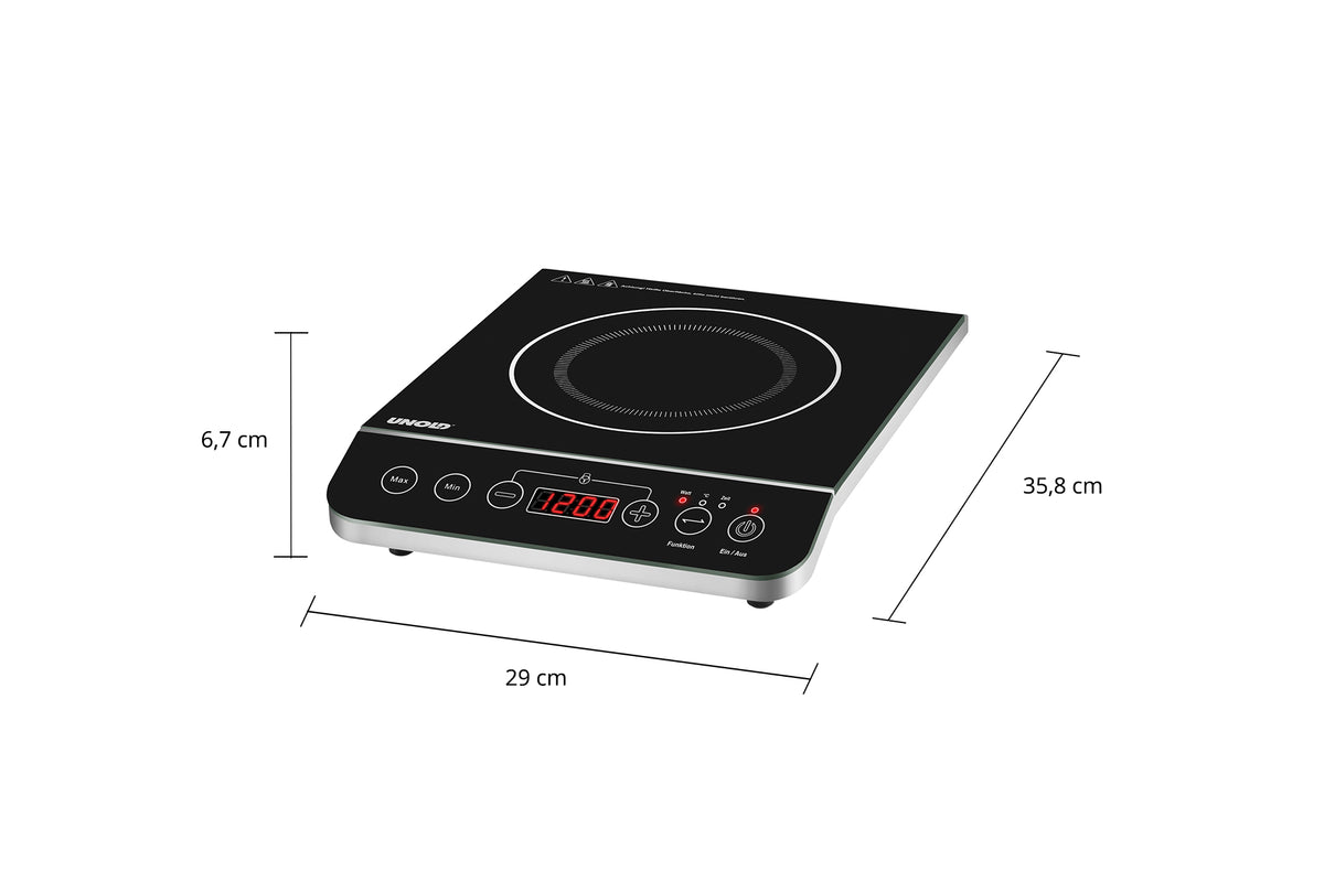 Die Unold Induktionskochplatte Einzel Elégance ist ein schwarzes rechteckiges Induktionskochfeld mit runder Kochfläche, Digitalanzeige und Touch-Tasten. Die Maße betragen 35,8 cm (L) x 29 cm (B) x 6,7 cm (H).