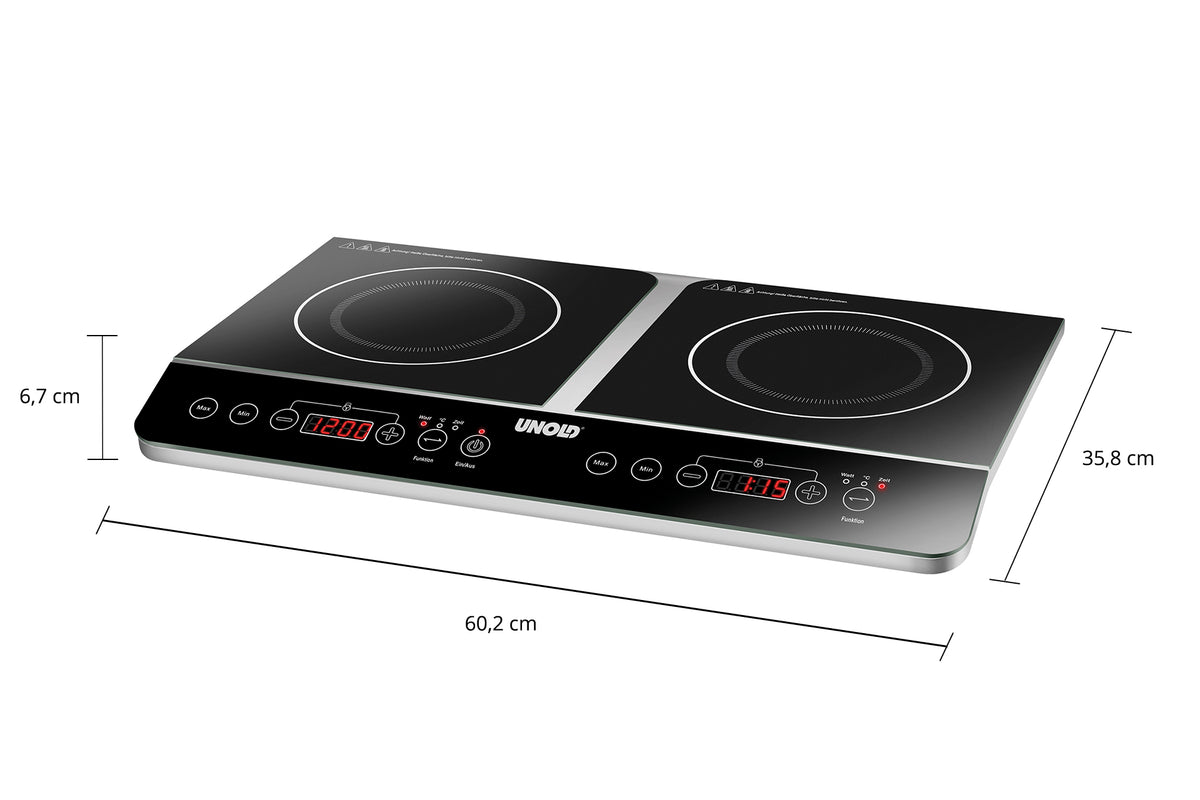 Die Induktionskochplatte Doppel Elégance von Unold ist ein schwarzes Doppel-Induktionskochfeld mit digitaler Touch-Bedienung, zwei Heizzonen und Displays. Sie ist 60,2 cm breit, 35,8 cm tief und 6,7 cm hoch.