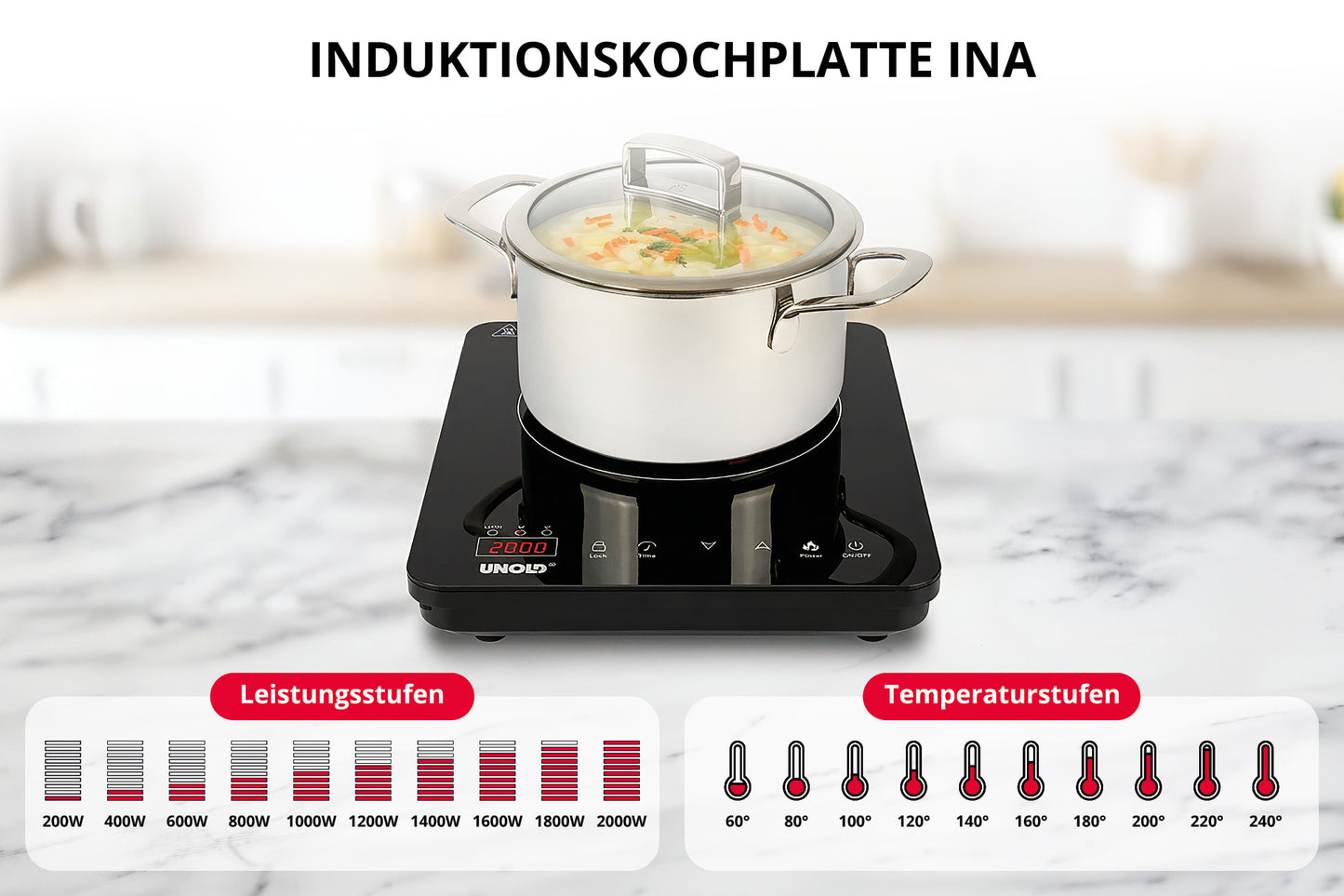 Auf der eleganten schwarzen Oberfläche einer Unold-Induktionskochplatte „Ina“ steht ein Topf mit Essen. Darunter sind zwei Tabellen abgebildet: Die eine zeigt 10 Leistungsstufen von 200 W bis 2000 W, die andere 10 Temperaturstufen von 60 °C bis 240 °C.