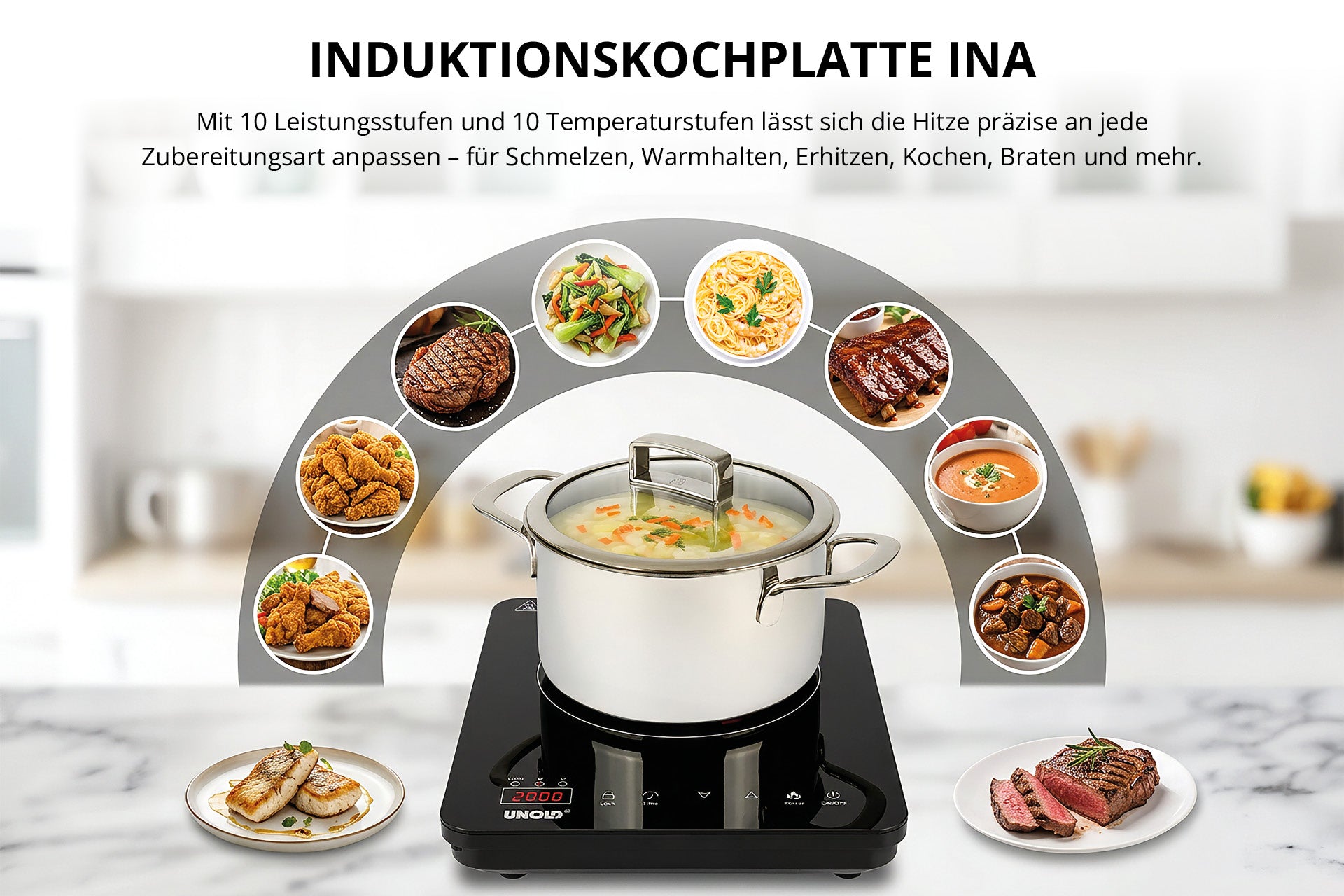 Auf der eleganten Oberfläche der Unold-Induktionskochplatte „Ina“ kocht ein Topf Suppe. Um sie herum unterstreichen Bilder verschiedener zubereiteter Gerichte ihre Vielseitigkeit. Ein deutscher Text beschreibt die Funktionen der Kochplatte und die vielfältigen Zubereitungsmöglichkeiten.