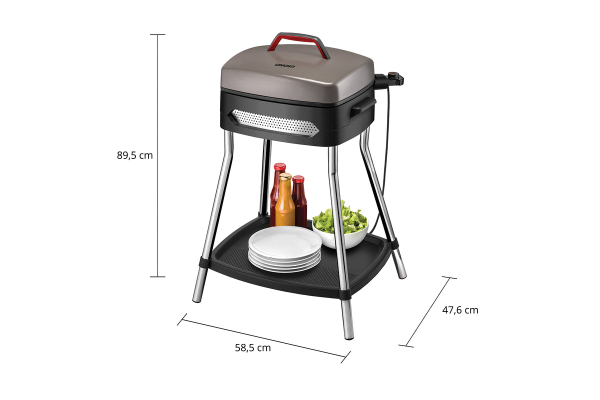Der Unold Barbecue Power Grill steht auf vier Beinen und verfügt über eine Ablagefläche für Teller, Flaschen und Schüsseln. Er ist 89,5 cm hoch, 58,5 cm breit und 47,6 cm tief und verfügt über einen geschlossenen Deckel und einen Tragegriff an der Oberseite.