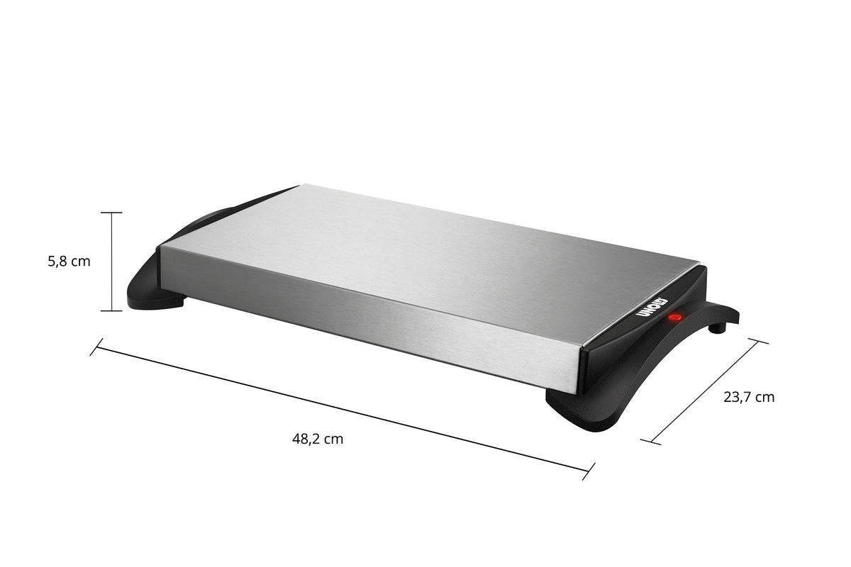 Unold Warmhalteplatte: rechteckige Warmhalteplatte aus Edelstahl mit schwarzen Seitengriffen, Maße 48,2 x 23,7 x 5,8 cm, abgebildet auf weißem Hintergrund mit Maßlinien.