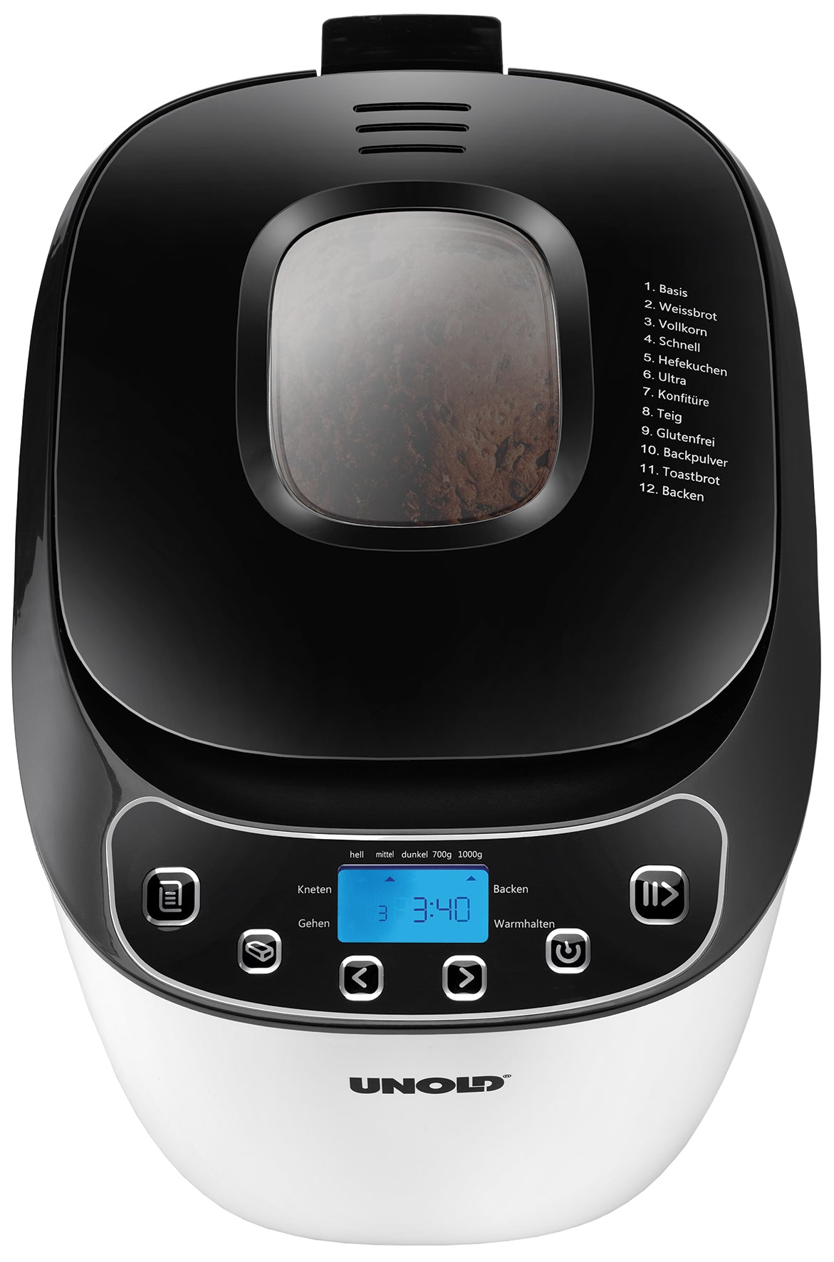 Der Unold AG 680101 Backmeister Design (B-Ware) Brotbackautomat verfügt über ein schwarz-weißes Design, ein digitales Display, Bedientasten, ein Sichtfenster, das das Innere des Teigs zeigt, und eine Liste der deutschen Programmoptionen oben rechts.