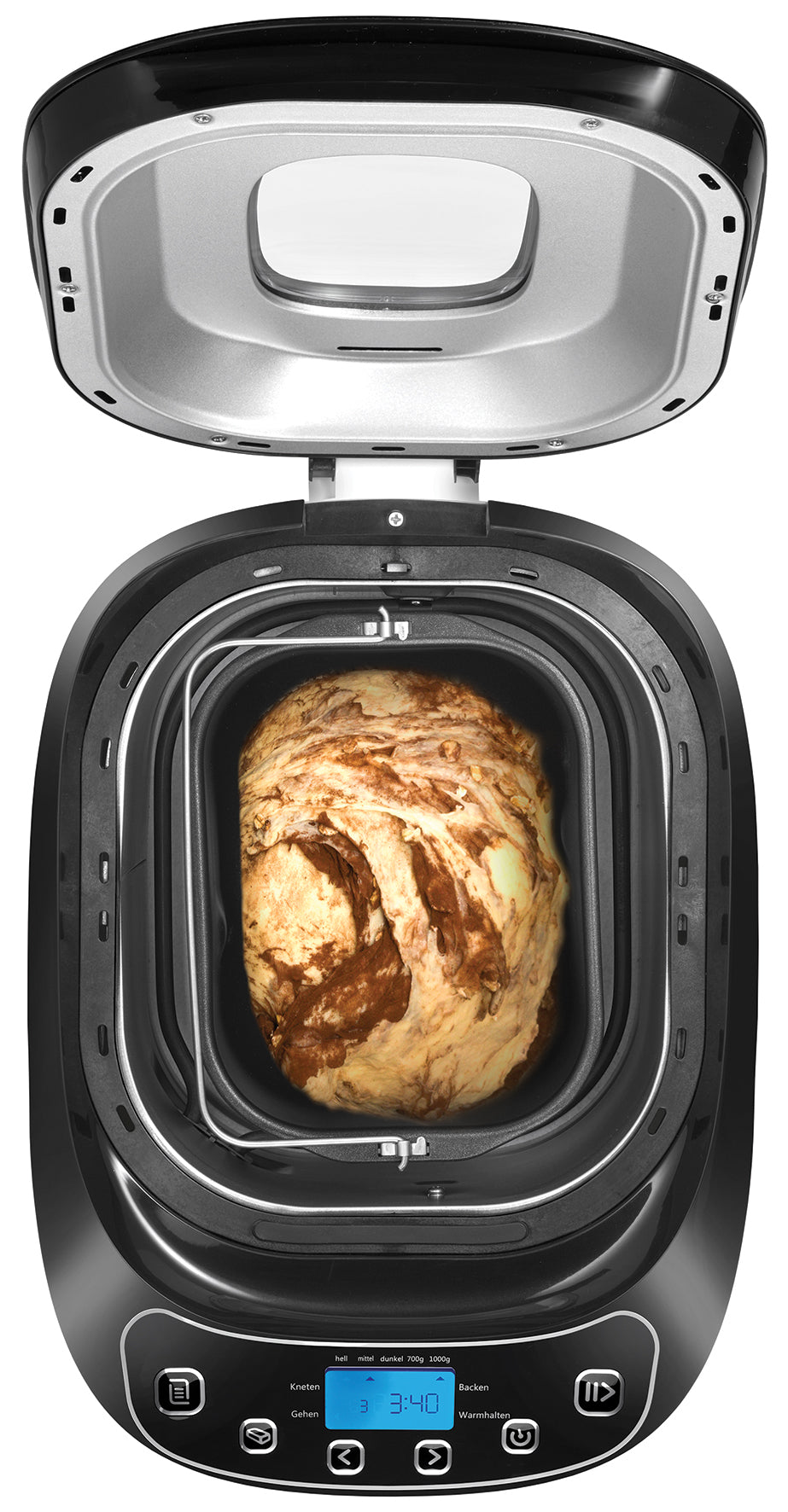 Der Brotbackautomat Unold AG 680101 Backmeister Design (B-Ware), abgebildet mit geöffnetem Deckel und Teig im Inneren, hat ein schwarzes Äußeres, eine Digitalanzeige und Bedientasten auf der Vorderseite.