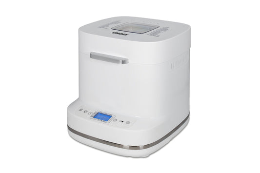 Der Unold AG Backmeister Bernd ist ein moderner Weißbrotbackautomat mit digitaler Anzeige, Bedientasten und einem Sichtfenster auf der Oberseite, dargestellt auf einem schlichten weißen Hintergrund.