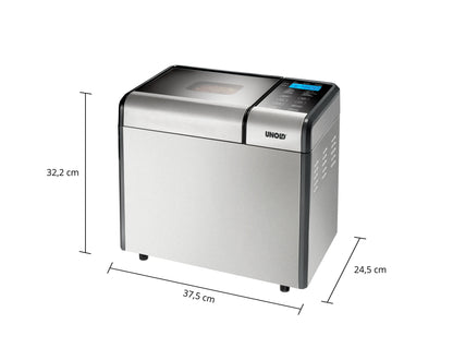 Der Brotbackautomat Unold Backmeister® Top Edition verfügt über eine silberne Oberfläche, eine Digitalanzeige auf der rechten Seite und ist 32,2 cm hoch, 37,5 cm breit und 24,5 cm tief.