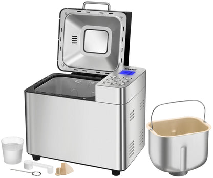 Der Unold Backmeister® Edel Brotbackautomat aus Edelstahl verfügt über einen offenen Deckel, der das Bedienfeld und den Innenraum freigibt. Im Lieferumfang enthalten sind Messbecher, Löffel, Knethaken, Knethaken und eine abnehmbare Brotbackform mit Griff.