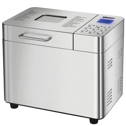 Der Unold Backmeister® Edel ist ein Brotbackautomat aus Edelstahl mit Digitalanzeige, Bedientasten, seitlichem Griff und einer Liste der Backprogramme auf der Oberseite.