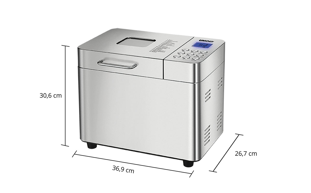 Der Unold Backmeister® Edel ist ein Brotbackautomat aus Edelstahl mit Bedientasten und einer Digitalanzeige auf der Oberseite. Er ist 30,6 cm hoch, 36,9 cm breit und 26,7 cm tief und steht auf vier kleinen schwarzen Beinen.