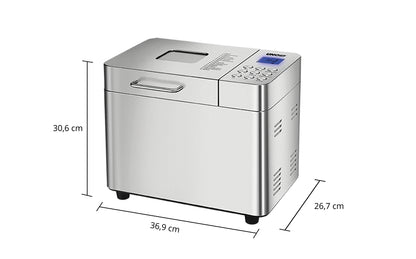 Der Unold Backmeister® Edel ist ein Brotbackautomat aus Edelstahl mit Bedientasten und einer Digitalanzeige auf der Oberseite. Er ist 30,6 cm hoch, 36,9 cm breit und 26,7 cm tief und steht auf vier kleinen schwarzen Beinen.