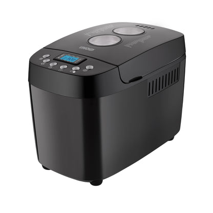 Der Brotbackautomat Unold Backmeister® Big in Schwarz verfügt über eine digitale Anzeige, Bedientasten und einen Klappdeckel mit zwei runden Fenstern, alles vor weißem Hintergrund.
