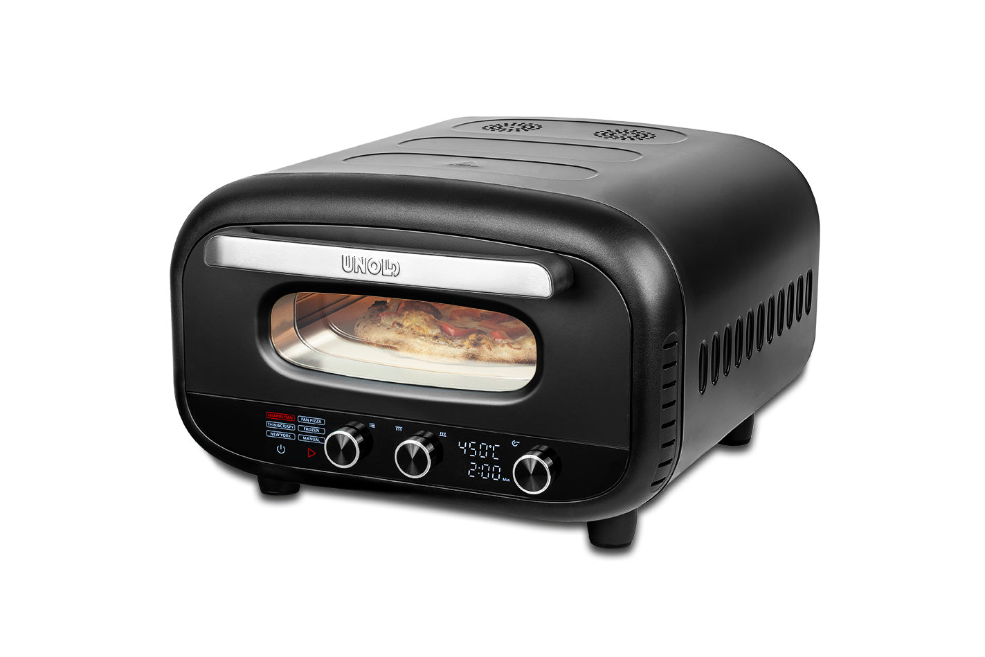 Der Unold Pizzaofen Don Alfredo ist ein schwarzer Aufsatzpizzaofen mit Glasfenster, zwei Bedienknöpfen, Digitalanzeige sowie seitlichen und oberen Lüftungsöffnungen, in dem eine Pizza gebacken wird.