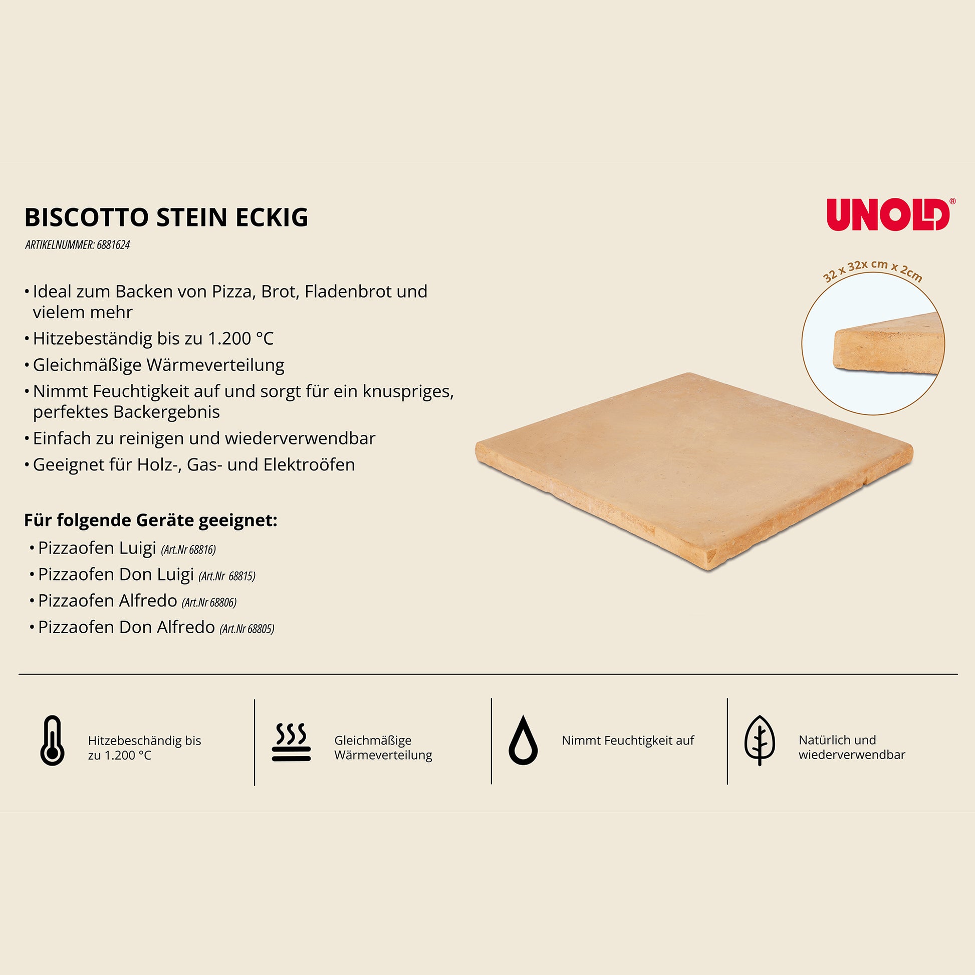 Ein quadratischer, hellbrauner „Biscotto Sorrento Pizzastein, eckig – für Pizzaofen (Don) Luigi & (Don) Alfredo“ von Unold ist auf einem beigen Hintergrund abgebildet; die deutschen Produktangaben heben seine Eignung zum Backen, seine Hitzebeständigkeit bis zu 1.200 °C sowie seine Kompatibilität mit verschiedenen Pizzaöfen hervor.
