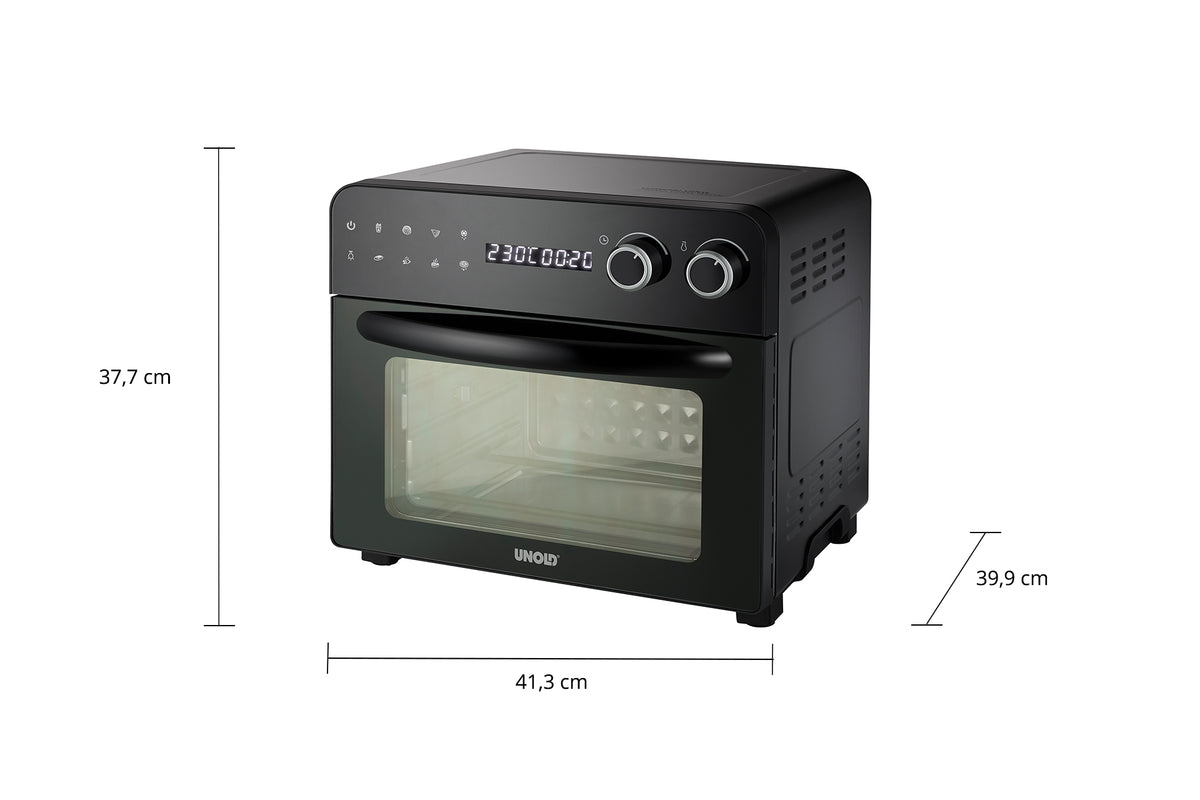 Der Unold Backofen-Fritteuse Diamant ist ein schwarzer Tischbackofen mit Digitalanzeige, zwei Bedienknöpfen und Glastür. Maße: 37,7 cm hoch, 41,3 cm breit und 39,9 cm tief. Auf der Vorderseite ist „Unold“ zu sehen.