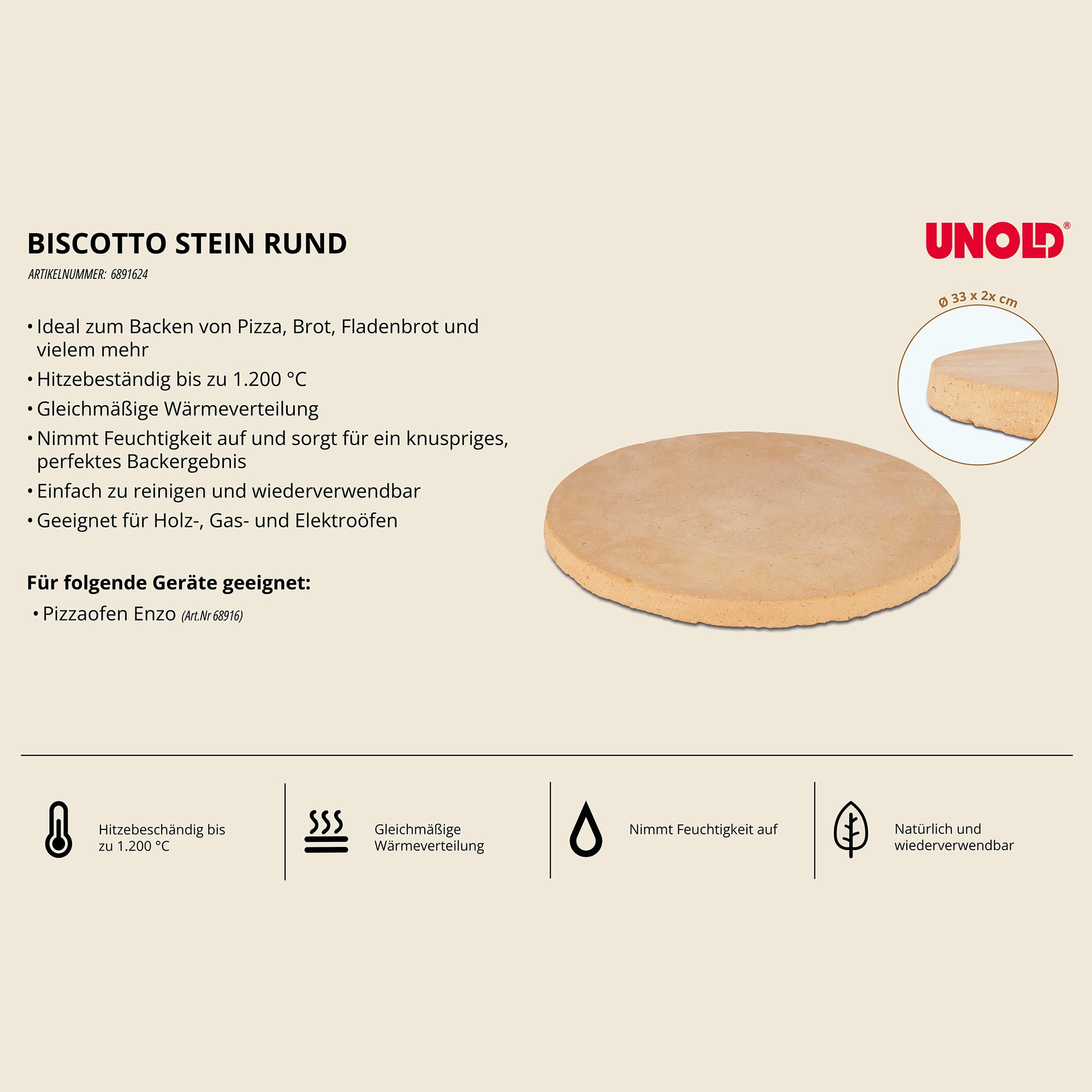 Ein runder Unold-Pizzastein „Biscotto di Sorrento“ für den Pizzaofen Enzo 68916 mit einem Durchmesser von 33 cm und einer Dicke von 2 cm wird vor einem hellen Hintergrund abgebildet, wobei die Produktdetails und Eigenschaften auf Deutsch aufgeführt sind.