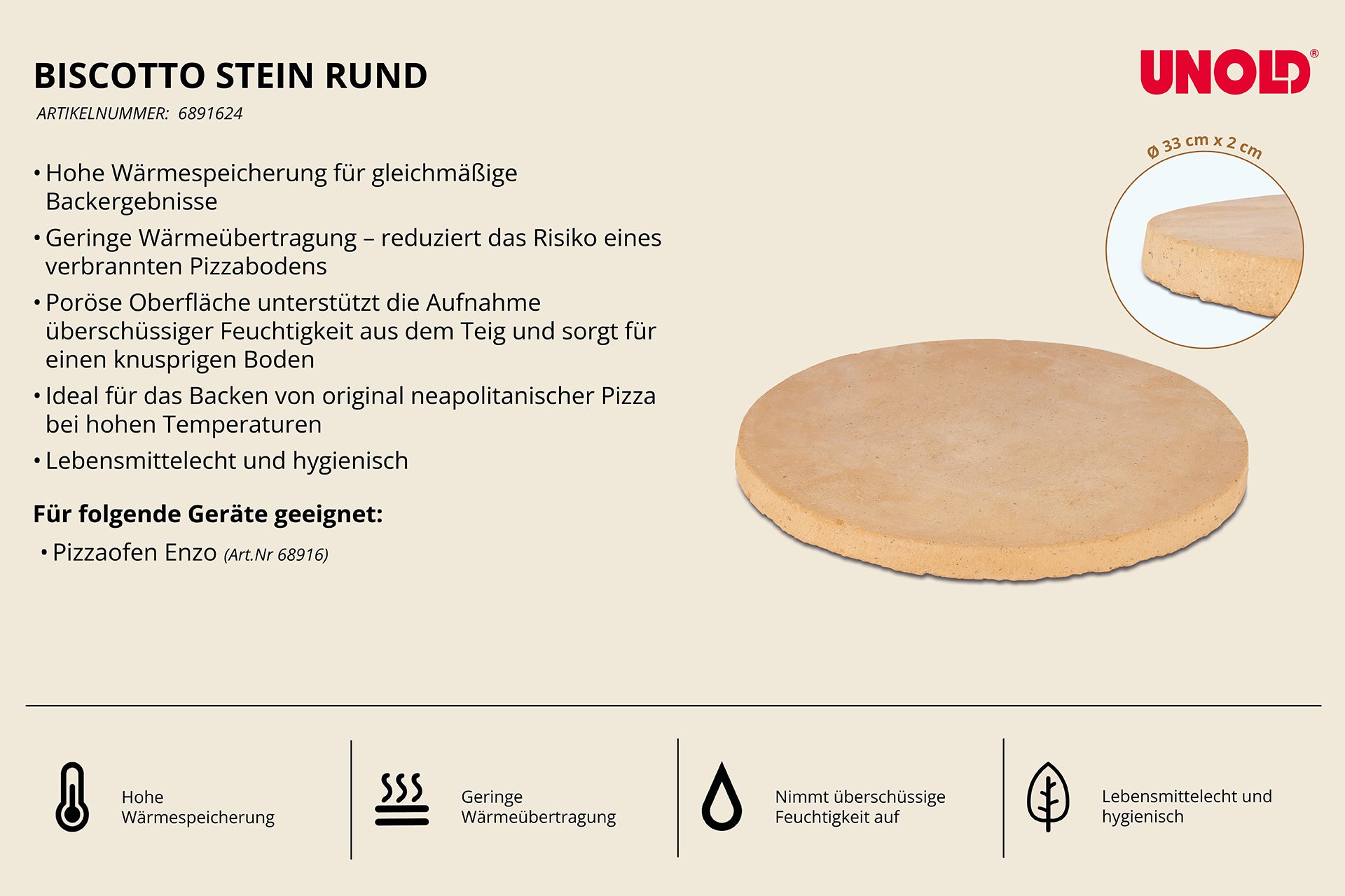 Runder „Biscotto di Sorrento“-Pizzastein für den Pizzaofen Enzo 68916 von Unold mit deutschem Produkttext, Markenlogo, Symbolen und einem Foto des Steins. In der Beschreibung werden die hohe Wärmespeicherung, die geringe Wärmeleitfähigkeit und die Eignung für Pizzaöfen hervorgehoben.