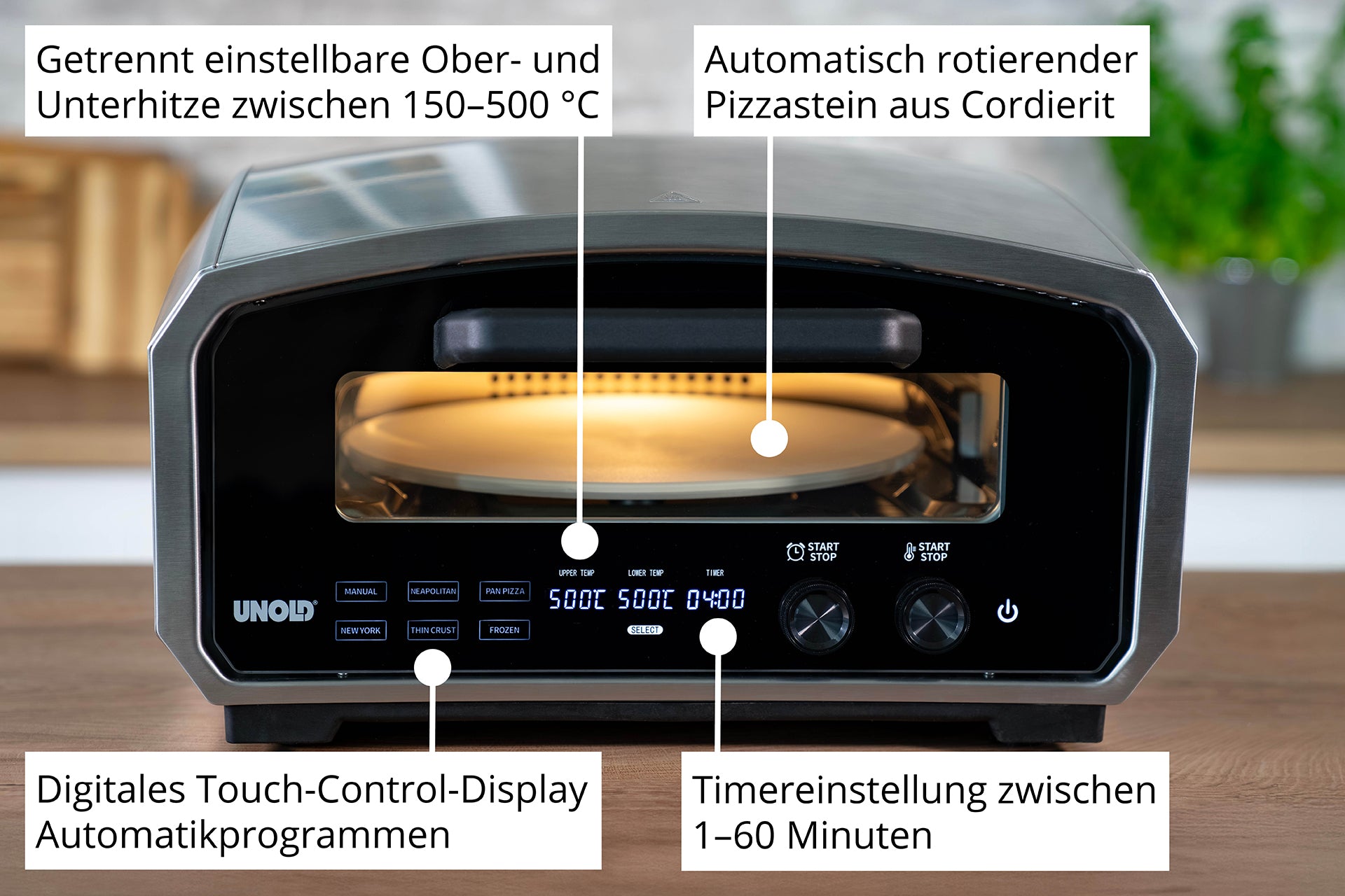 Der Unold Pizzaofen Enzo ist ein Aufsatzofen mit digitalem Touch-Control-Display, unabhängiger Ober-/Unterhitze (150-500 °C), automatisch drehendem Stein, 1-60-Minuten-Timer und automatischen Programmen. Hier abgebildet auf einer Holzoberfläche.