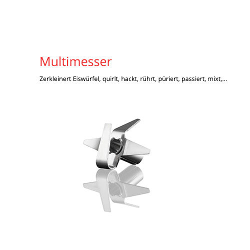 Der ESGE-Zauberstab M100 Exklusiv Edition Edelstahl-Multimesser-Aufsatz ist auf weißem Hintergrund abgebildet, darüber in schwarzer und roter Schrift das Wort "Multimesser" und seine Funktionen.