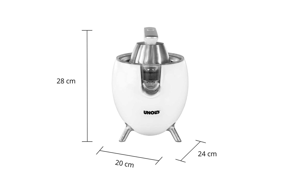 Die Unold ZITRUSPRESSE Power Juicy ist eine weiß-silberne elektrische Zitruspresse mit Ausguss, die 28 cm hoch, 20 cm breit und 24 cm tief ist und auf drei schrägen Beinen steht.