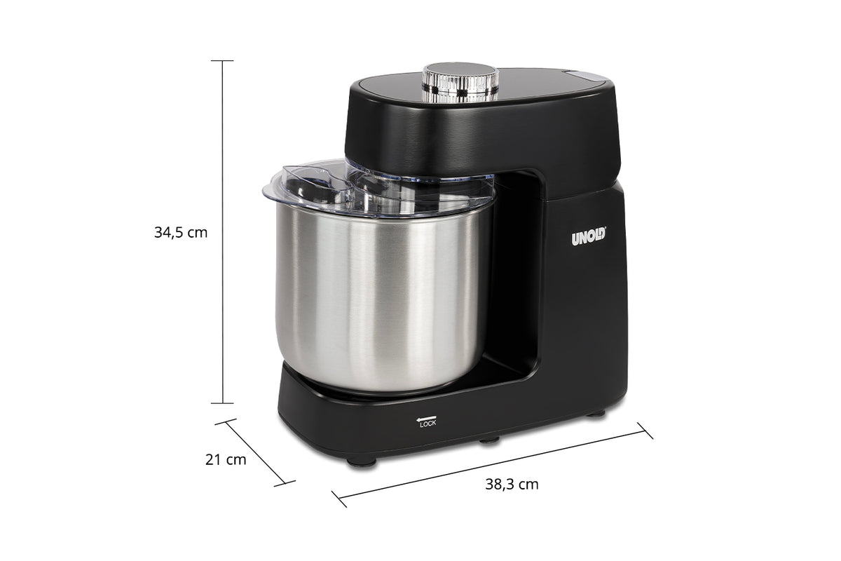 Eine schwarze Küchenmaschine mit einer Edelstahlschüssel. Die Maße sind wie folgt angegeben: 34,5 cm hoch, 38,3 cm breit und 21 cm tief. An der Seite ist der Markenname UNOLD zu sehen.