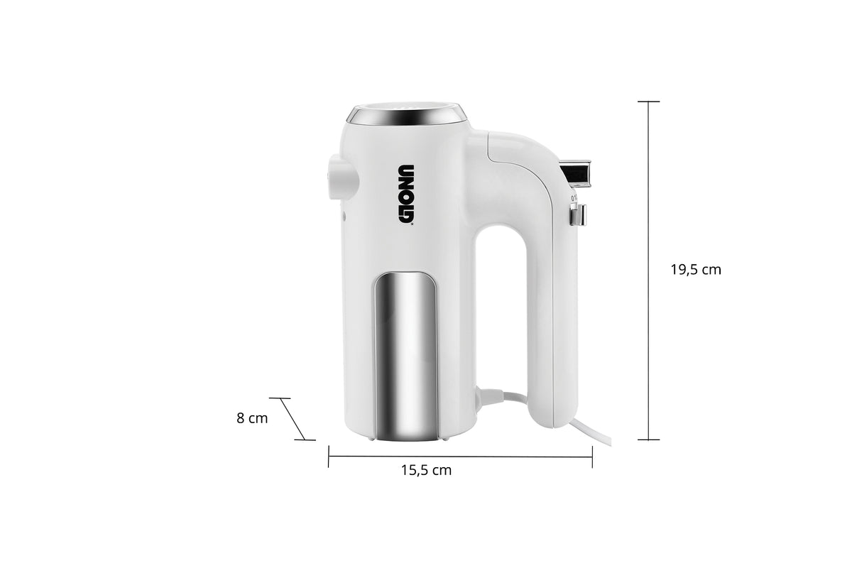 Ein weißer Stabmixer mit Griff, Chromakzenten und dem vertikal aufgedruckten Markennamen UNOLD. Die abgebildeten Abmessungen sind: 19,5 cm hoch, 15,5 cm breit und 8 cm tief.