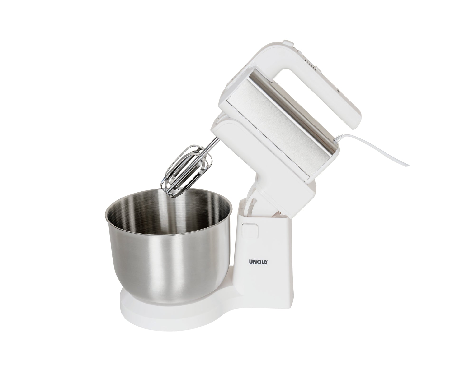 Der Unold Handmixer Hannah mit Rührschüssel ist ein weißer elektrischer Standmixer mit einer Rührschüssel und Quirlen aus Metall, der auf einem schlichten weißen Hintergrund hochgeklappt dargestellt ist, wobei sich die Schüssel unter den Quirlen befindet.