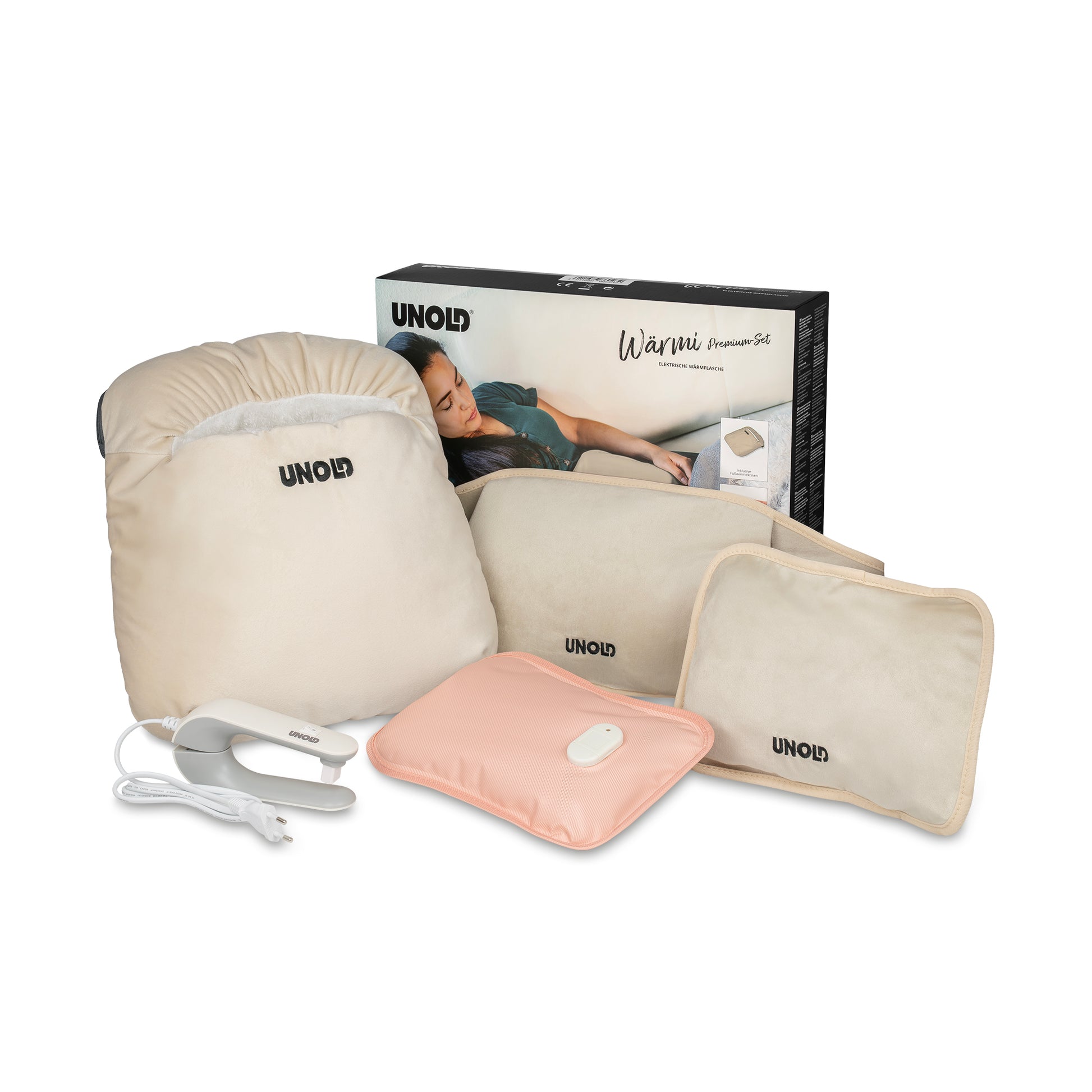 Das Unold AG Wärmi Premium Set besteht aus einem beigen Wärmekissen, zwei beigen Heizkissen, einer rosafarbenen Wärmflasche mit weißem Knopf und einem weißen elektrischen Regler, die alle auf der Vorderseite der Produktverpackung abgebildet sind.