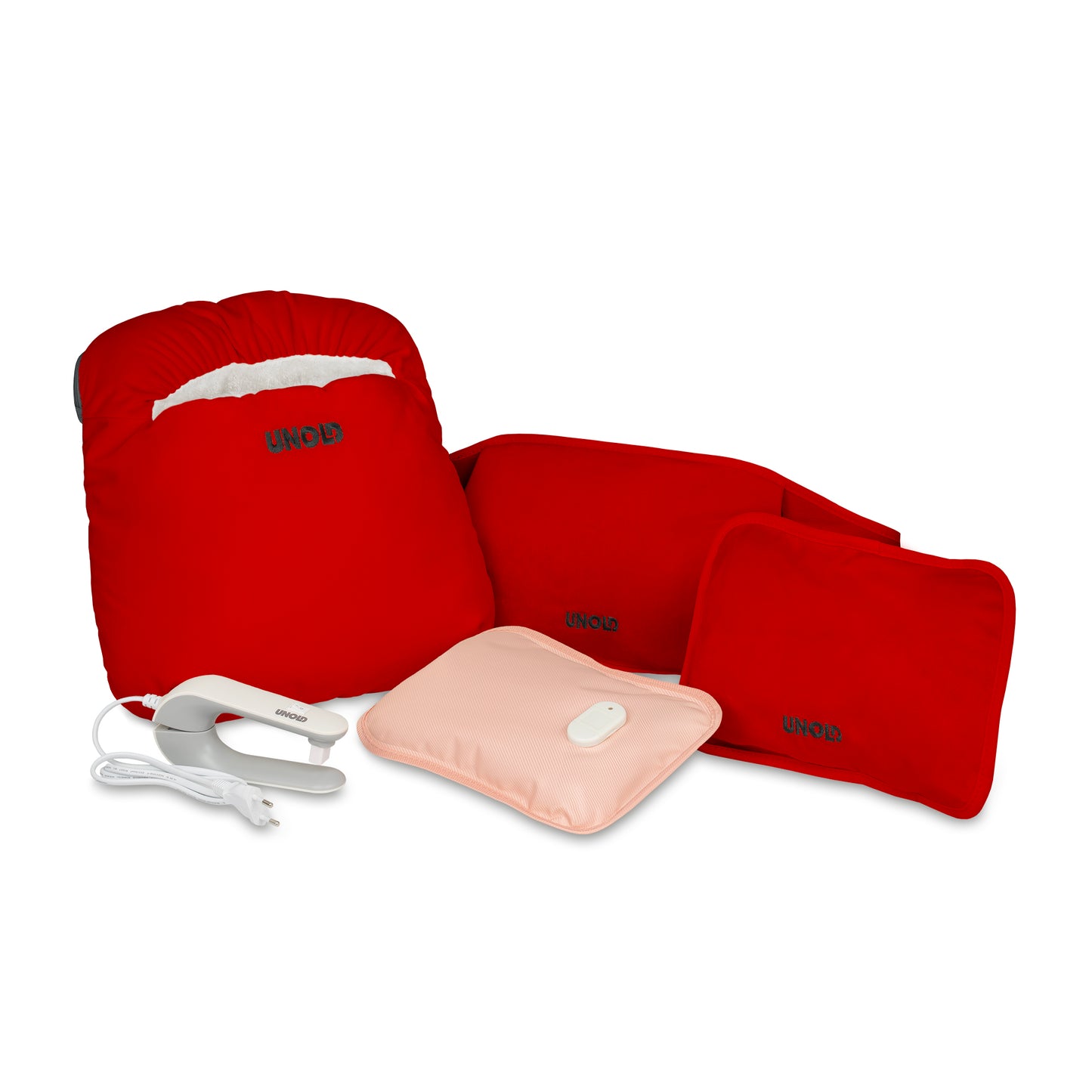 Das Wärmi Premium Set der Unold AG enthält rote Heizkissen und Zubehör: einen beheizten Fußwärmer, zwei rechteckige Kissen, ein hellrosa Kissen mit Bedienknopf und ein weißes elektrisches Handmassagegerät.