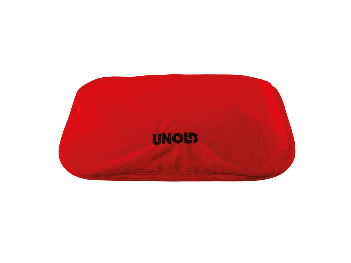 Das rechteckige rote Heizkissen aus dem Wärmi-Premium-Set der Unold AG hat leicht abgerundete Kanten, einen weichen Stoffbezug und in der Mitte den schwarz gestickten Schriftzug UNOLD".