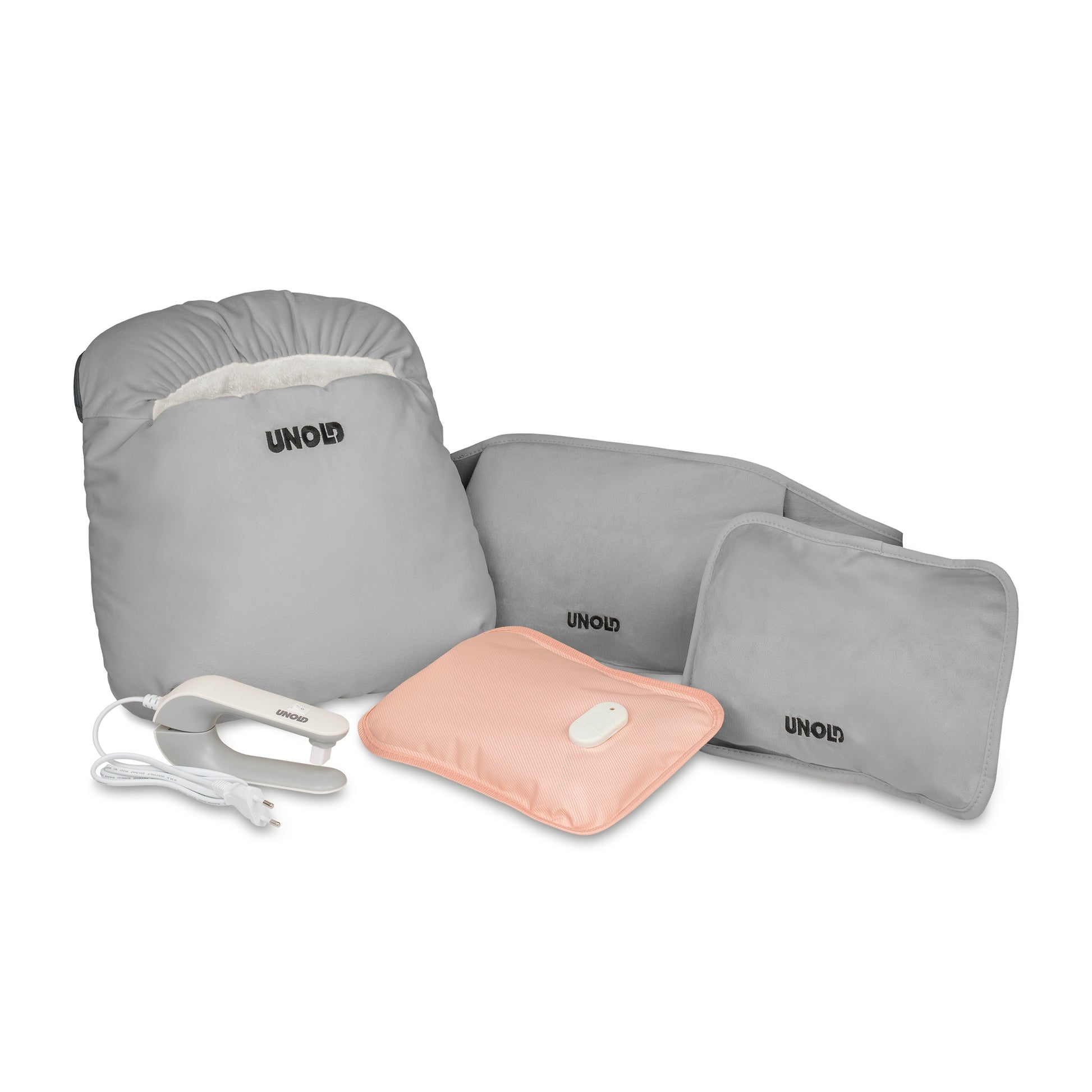 Das Wärmi Premium Set der Unold AG enthält graue und rosafarbene Heizkissen und Zubehör: einen Fußwärmer, Hüft- und Rückenwickel, ein rosafarbenes Kissen mit Bedienknopf, ein Handgerät und ein weißes Ladekabel.