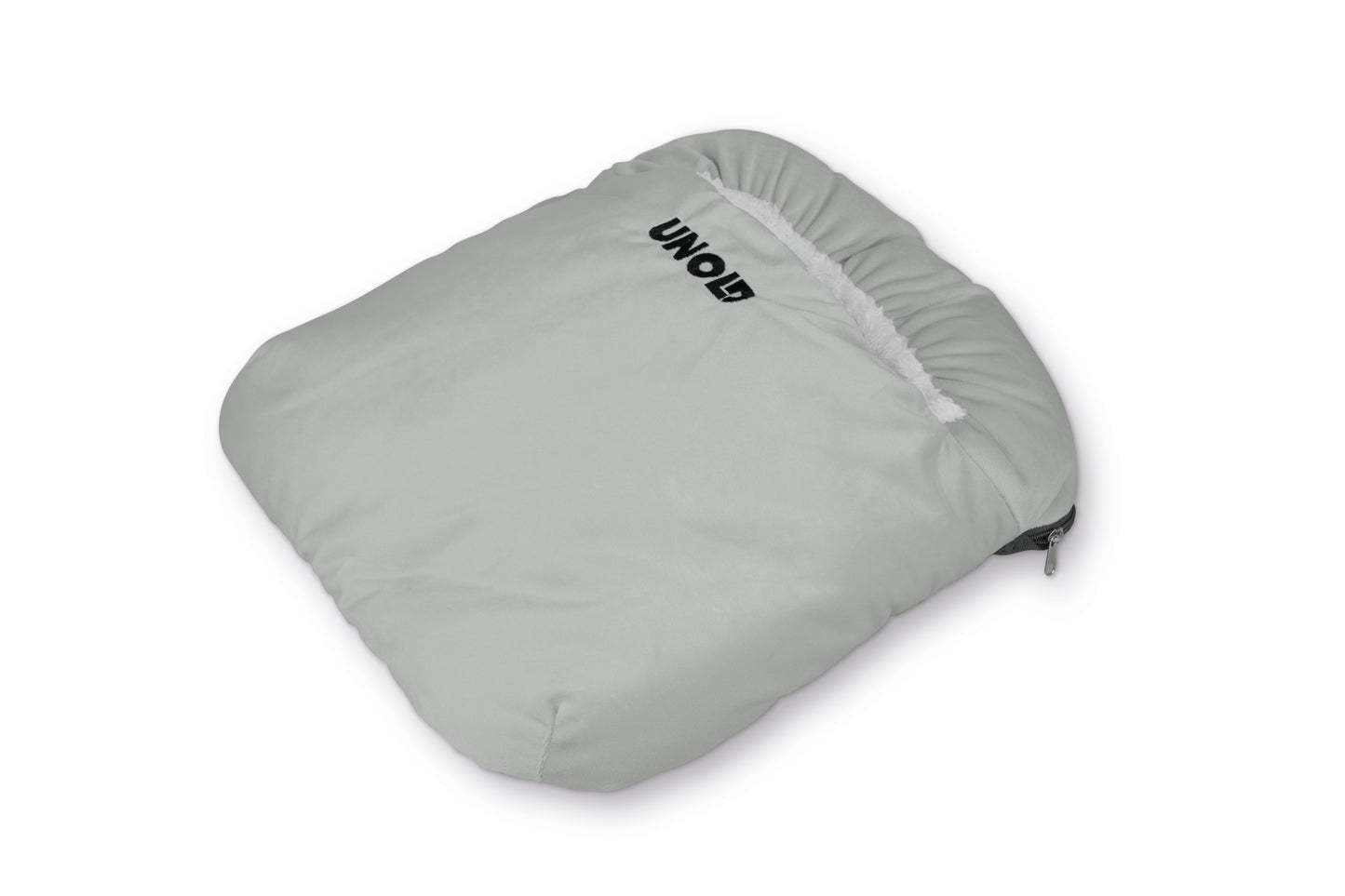 Ein weicher, gepolsterter, hellgrauer Reißverschlussbeutel aus dem Wärmi Premium Set der Unold AG trägt das Markenlogo in Schwarz auf der Oberseite. Der Plüschbeutel ist auf einer Seite teilweise geöffnet.