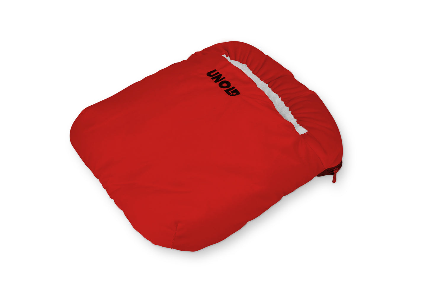 Eine rote, quadratische Unold 86030/86033/86037 Fusswärmekissen-Polsterhülle mit sichtbarem Reissverschluss und schwarzem UNO-Logo, weisses Innenfutter, abgebildet vor einem einfarbig weissen Hintergrund.