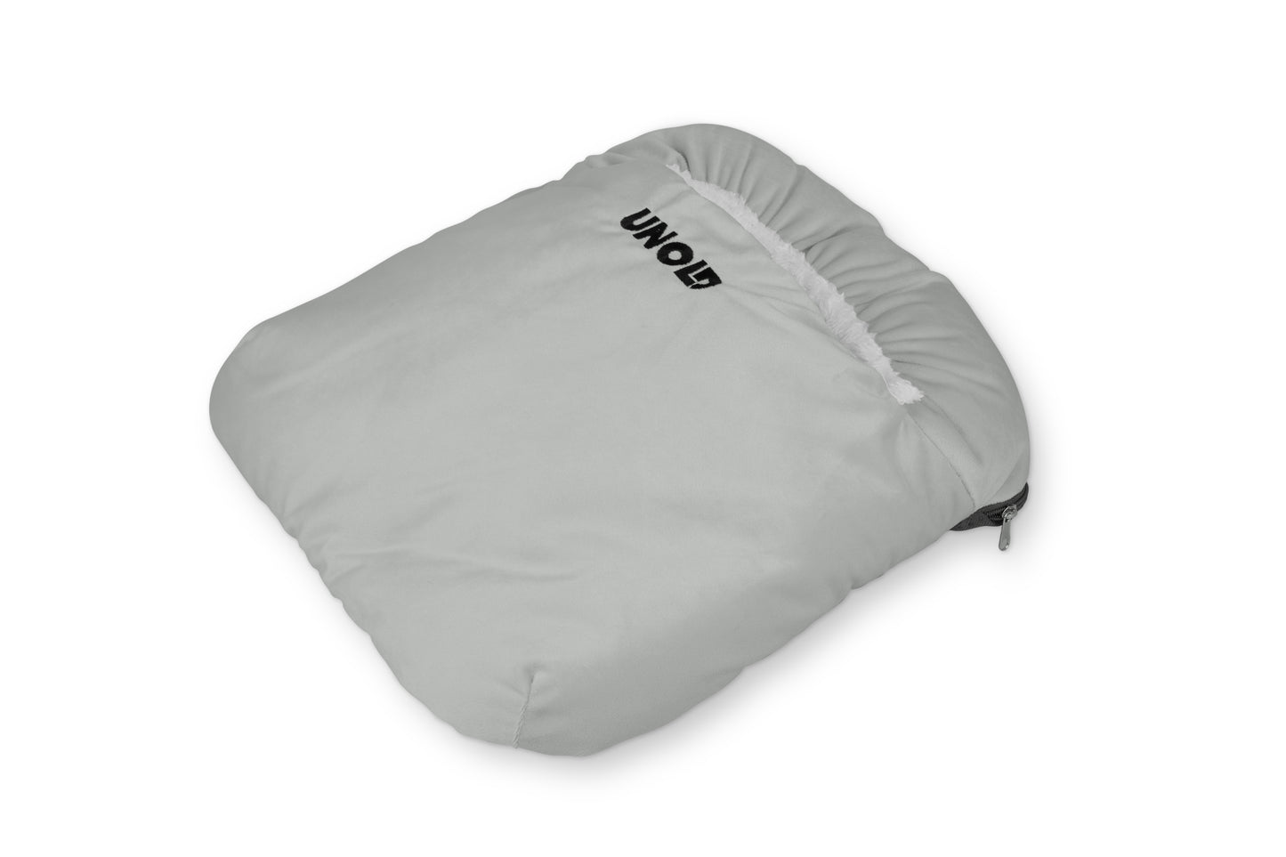 Hellgraues, gepolstertes, quadratisches Etui mit weichem Futter und einem Reißverschluss auf einer Seite. Auf der Oberseite ist in schwarzer Schrift "Unold 86030/86033/86037 Fusswärmekissen einzeln" aufgedruckt.