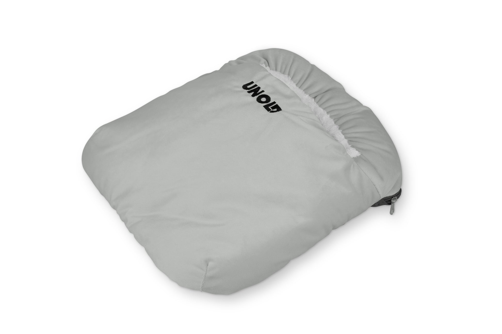Ein weicher, hellgrauer Unold 86030/86033/86037 Fusswärmekissen Einzelbeutel mit schwarzem Reissverschluss, aufgedrucktem "UNO" und einem weissen, flauschigen Innenfutter.