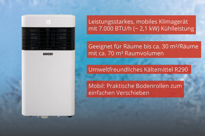 Das Unold Mobiles Klimagerät ARCTIC 7k mit Display, Lüftungsschlitzen, 7.000 BTU/h Leistung, für Räume bis ca. 30 m², umweltfreundliches Kältemittel R290 und Bodenrollen steht vor blauem Hintergrund.
