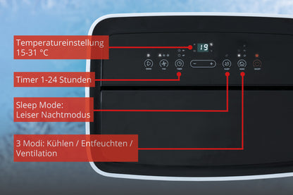 Nahaufnahme des schwarzen Bedienfelds des Unold Mobiles Klimagerät ARCTIC 12k mit deutschen Beschriftungen für Temperatur (15–31 °C), Timer (1–24 Std.), Schlafmodus (leise) und drei Modi: Kühlen, Entfeuchten, Ventilieren.