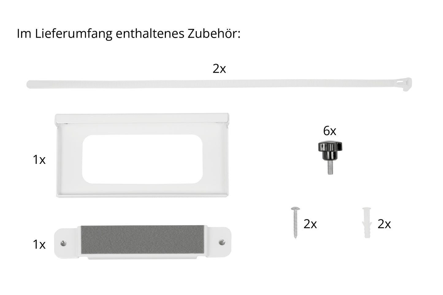 Im Lieferumfang der Unold Dachfenster-Halterung für Split-Klimaanlagen 12K enthaltenes Zubehör: Das Bild zeigt 1 Kabelbinder, 1 rechteckige Halterung, 1 Streifen mit Schaumstoffpolster, 6 Schrauben mit Kopf, 2 Standardschrauben und 2 Kunststoffstifte, alles vor einem weißen Hintergrund angeordnet.