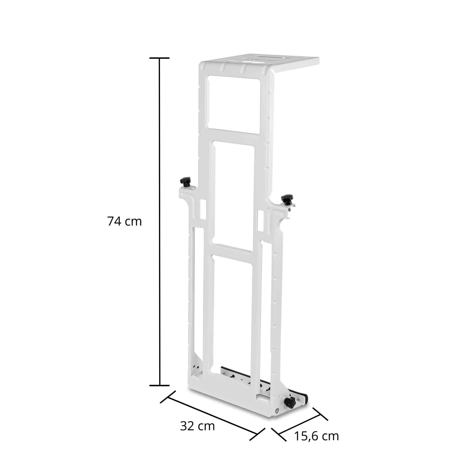 Die Unold Dachfenster-Halterung für Split-Klimaanlagen 12K verfügt über einen weißen Metallrahmen mit den Maßen 74 cm Höhe, 32 cm Breite und 15,6 cm Tiefe. Sie steht auf einem flachen Sockel und ist auf beiden Seiten mit Einstellknöpfen ausgestattet.