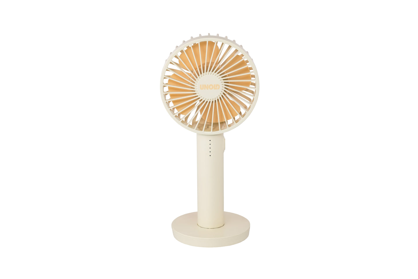 Der Unold Handventilator Breezy II ist ein beigefarbener, handgehaltener elektrischer Ventilator mit einer runden Basis, einem zylindrischen Griff und einem kreisförmigen Kopf mit eng beieinander liegenden Flügeln. In der Mitte des Ventilators ist "UNOLD" aufgedruckt. Der Hintergrund ist weiß.