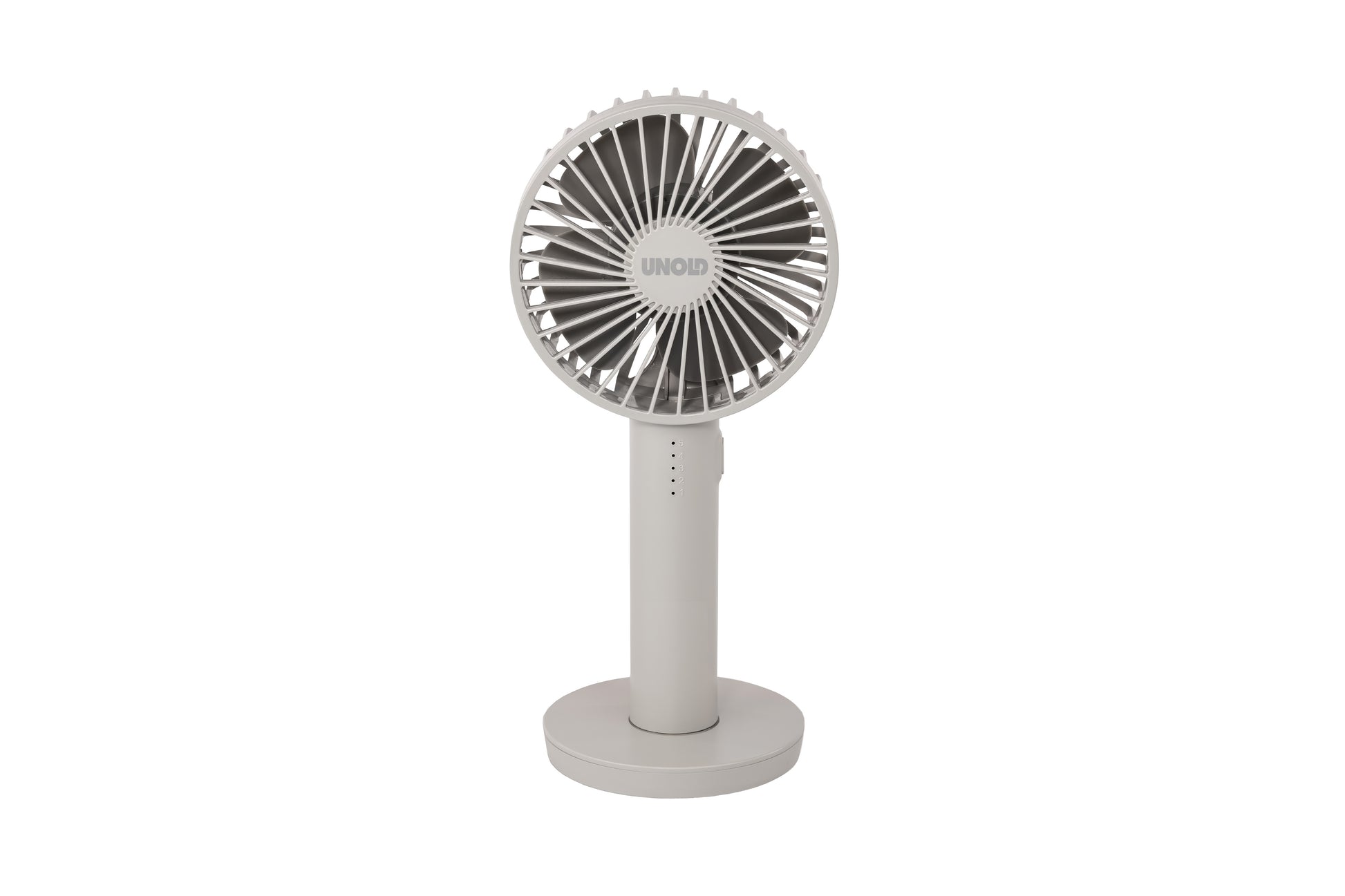 Der Unold Handventilator Breezy II ist ein kompakter, weißer, tragbarer elektrischer Ventilator mit einem kreisförmigen Gitter und einem aufrechten, runden Sockel, der auf einem schlichten weißen Hintergrund abgebildet ist.